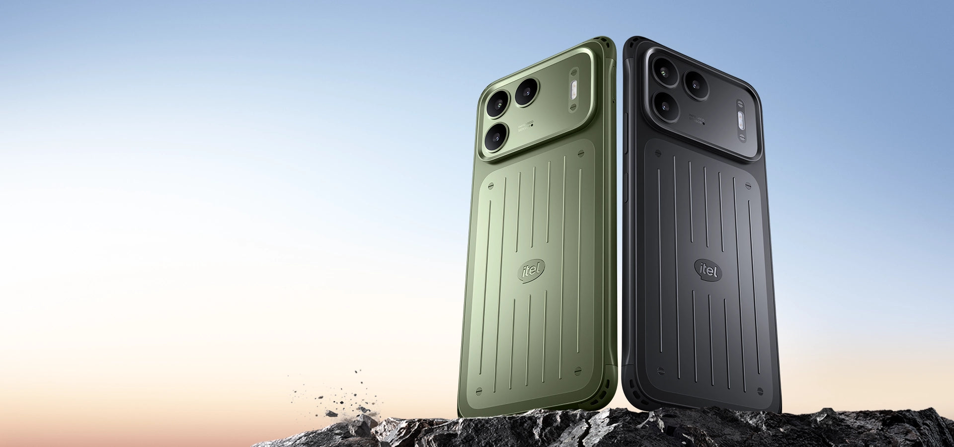 itel Power 80 official launch shot: Tundra Green and Rock Black backs on stone